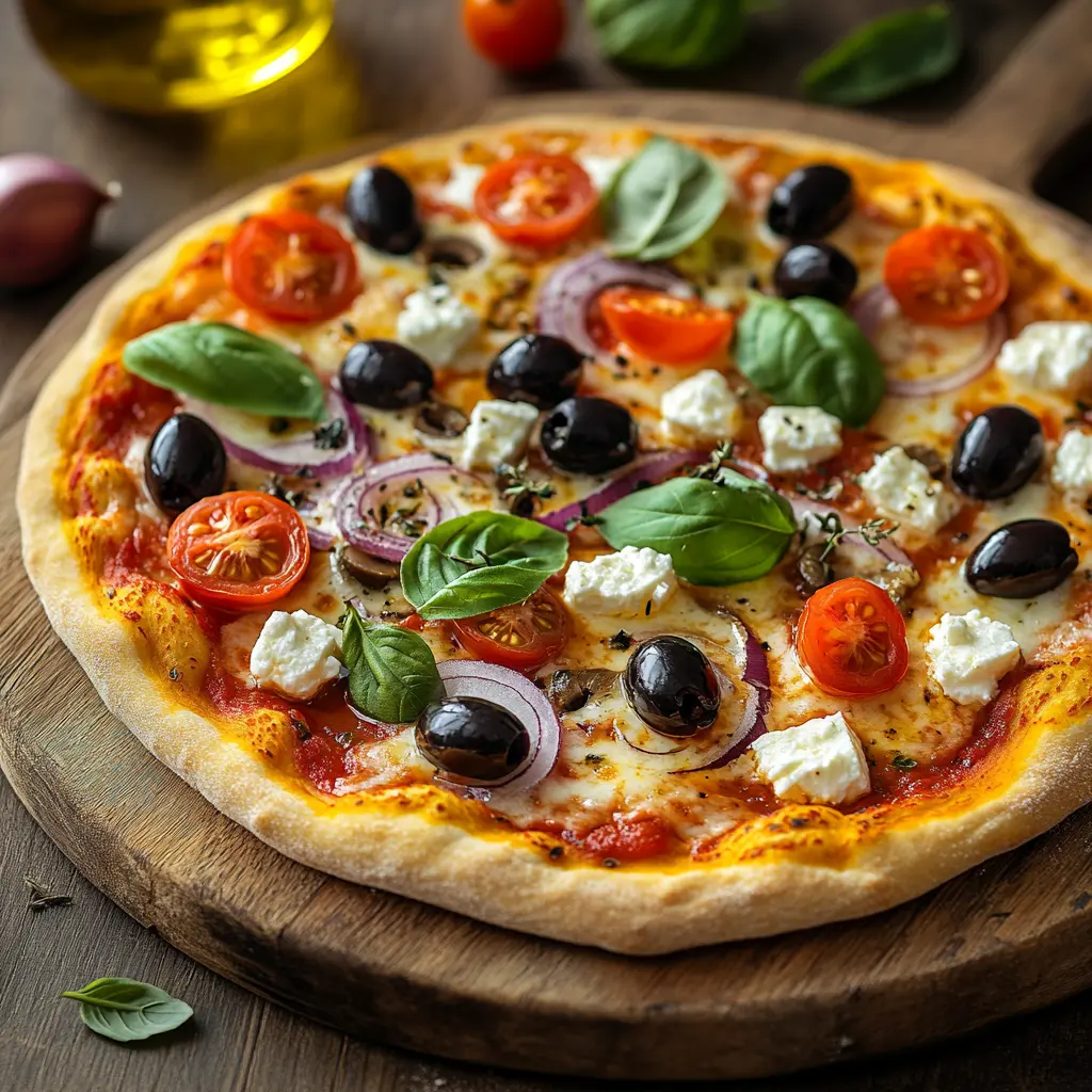 Freshly baked Mediterranean pizza