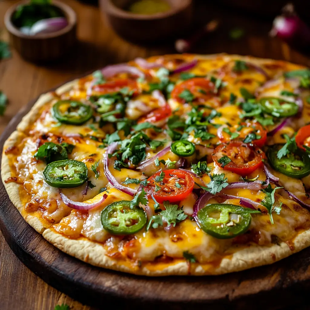 Mexican Pizza 3 A close-up of a freshly baked Mexican pizza with a crispy tortilla base, topped with melted cheese, diced tomatoes, jalapeño slices, red onions, and garnished with fresh cilantro, served on a rustic wooden table with side dishes of guacamole and salsa.