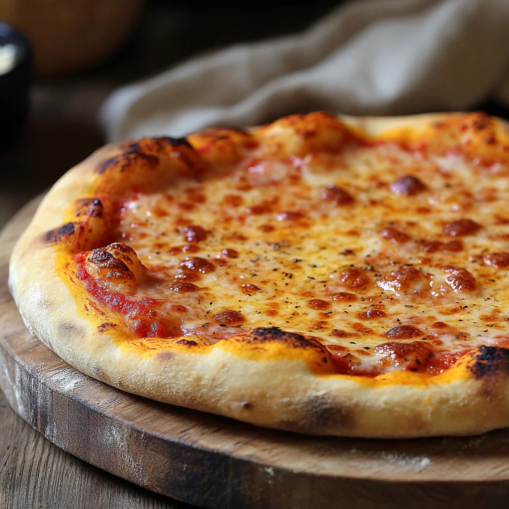 Golden-brown hand-tossed pizza crust on a wooden board, surrounded by fresh basil, tomatoes, and cheese, ready to be served.