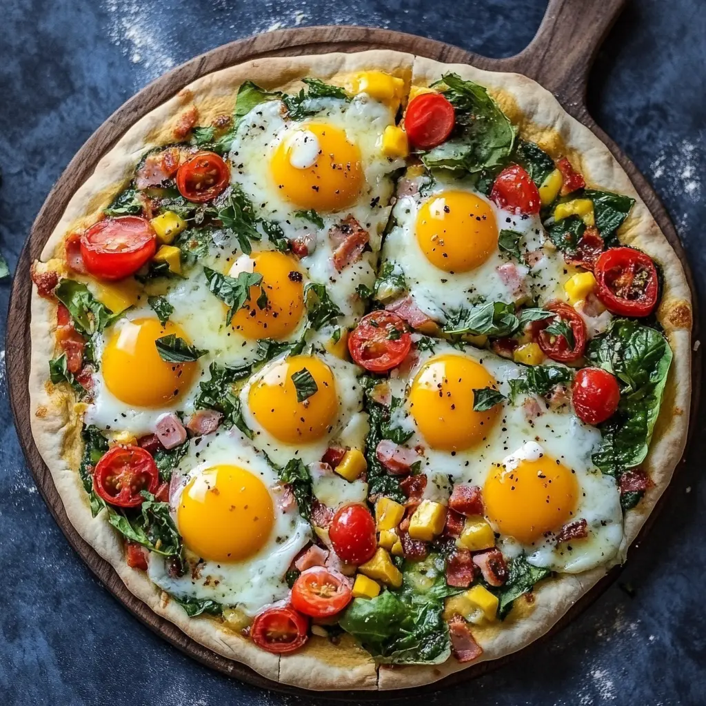 Breakfast Pizza 3 A vibrant and colorful breakfast pizza topped with sunny-side-up eggs, crispy bacon, diced tomatoes, green veggies, and melted cheese on a golden-brown crust, served on a rustic table.