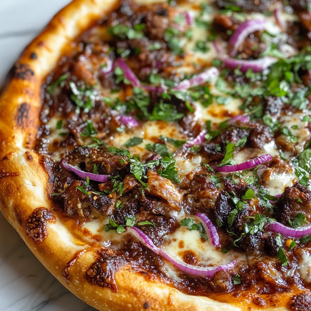 A close-up of a freshly baked Birria Pizza topped with shredded birria meat, melted cheese, cilantro, red onions, and jalapeños, served with a bowl of consommé for dipping.