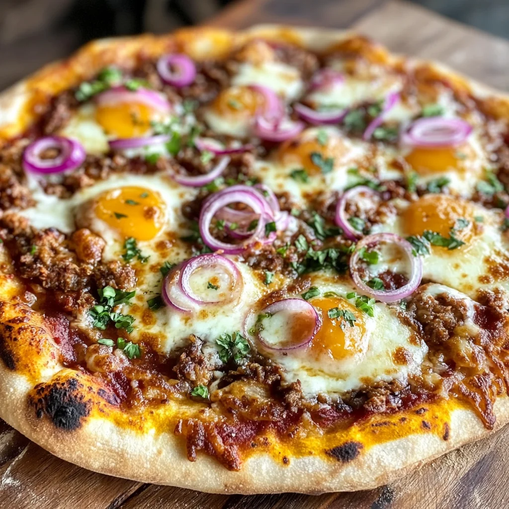 Birria Pizza 3 A close-up of a freshly baked Birria Pizza topped with shredded birria meat, melted cheese, cilantro, red onions, and jalapeños, served with a bowl of consommé for dipping.