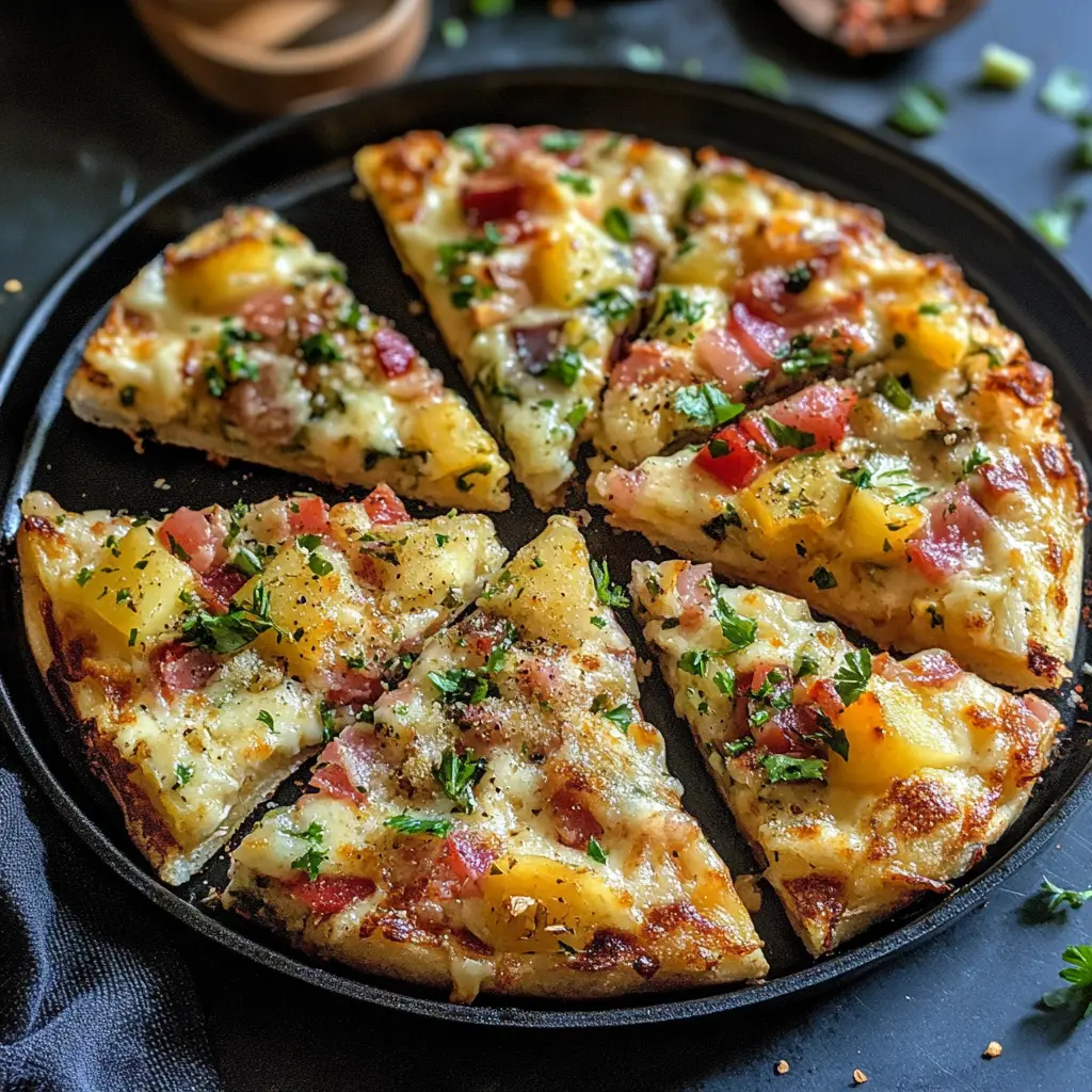 A Hawaiian pizza topped with ham, pineapple, melted cheese, and tomato sauce on a golden crust.