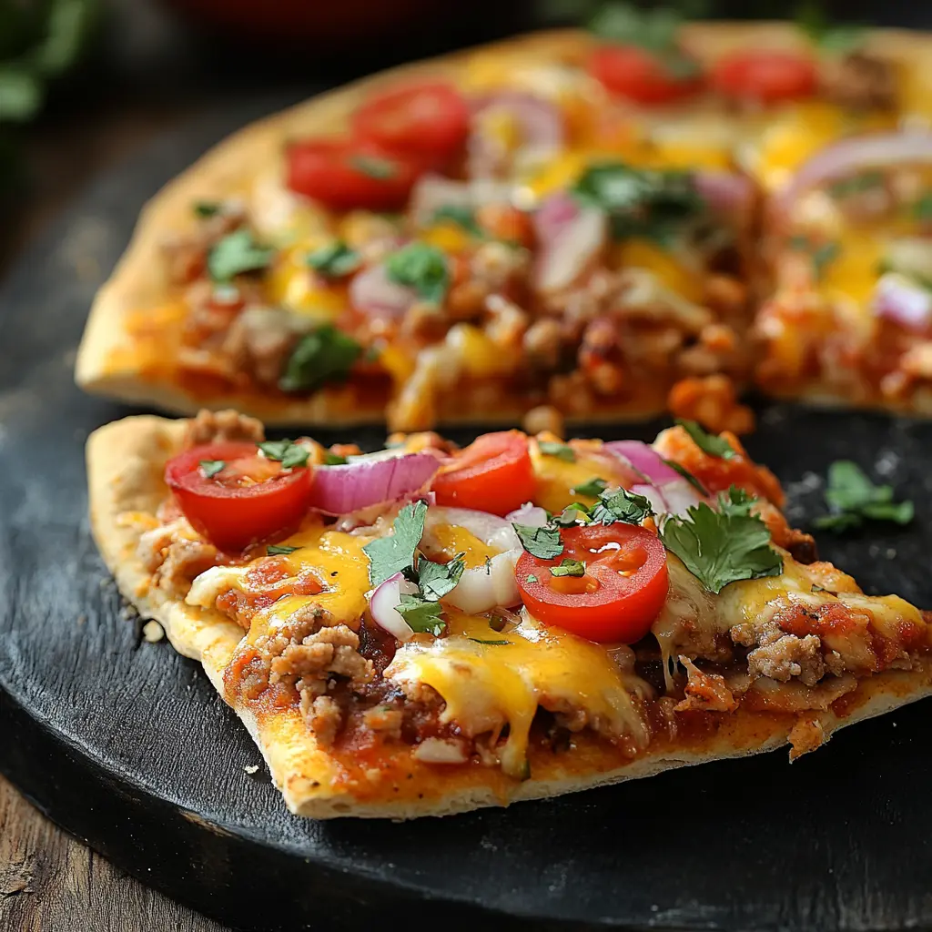 A close-up of a freshly baked Mexican pizza with a crispy tortilla base, topped with melted cheese, diced tomatoes, jalapeño slices, red onions, and garnished with fresh cilantro, served on a rustic wooden table with side dishes of guacamole and salsa.