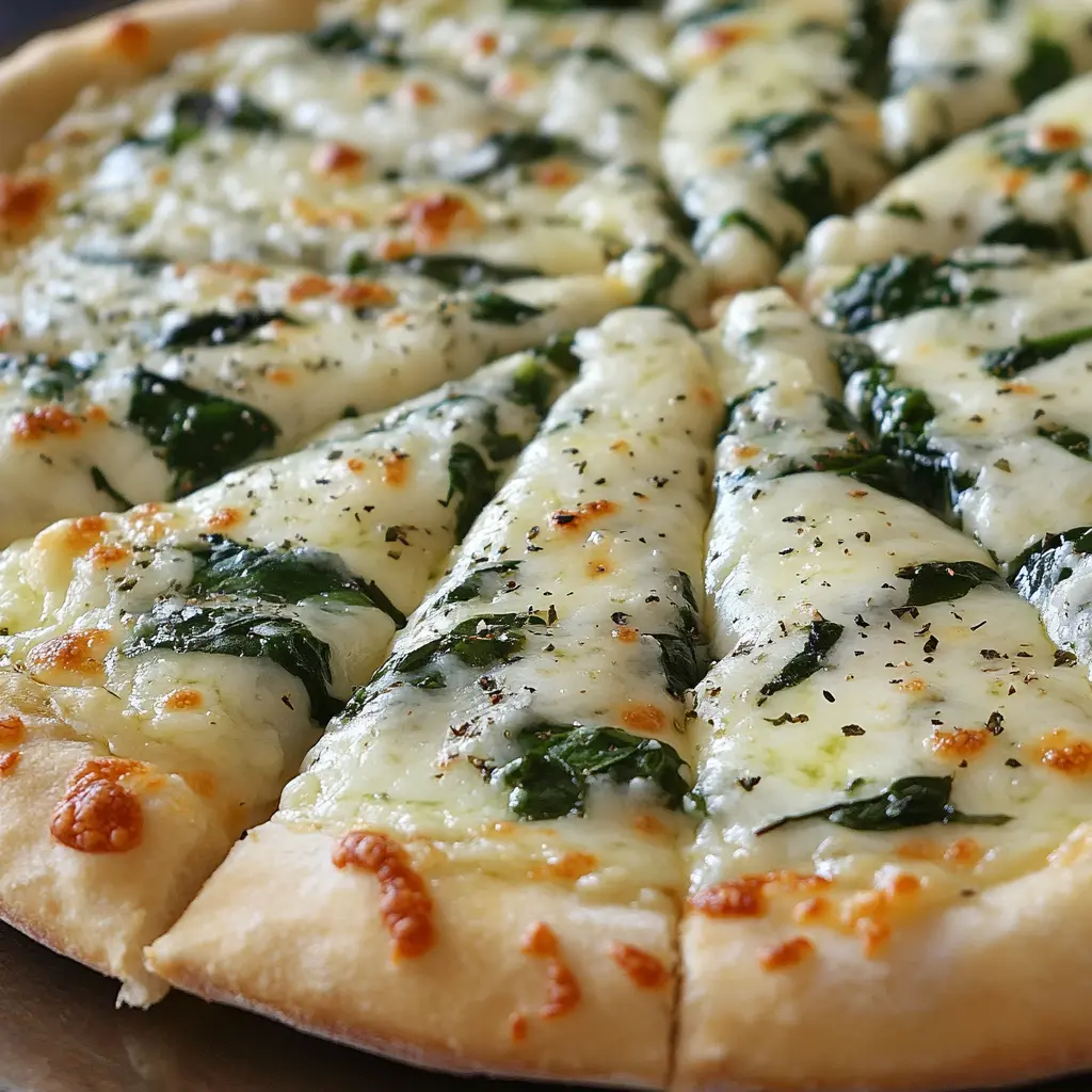 A freshly baked white pizza topped with creamy ricotta, melted mozzarella, and fresh spinach on a golden crust.