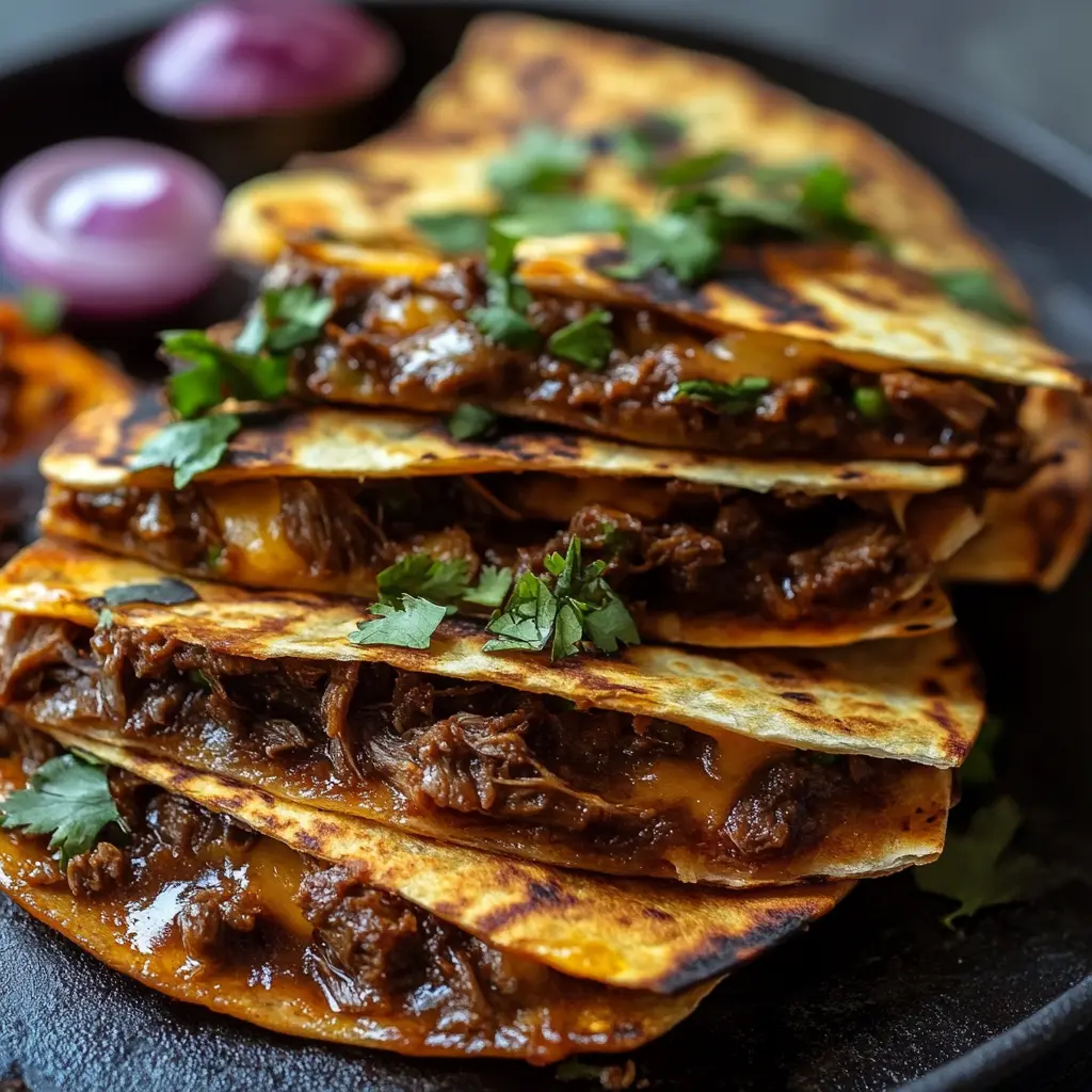 A platter of birria quesadillas with crispy golden tortillas, filled with melted cheese and tender shredded meat, served alongside a vibrant red bowl of consomé for dipping. The dish is garnished with fresh cilantro, diced onions, and lime wedges on a rustic wooden table.