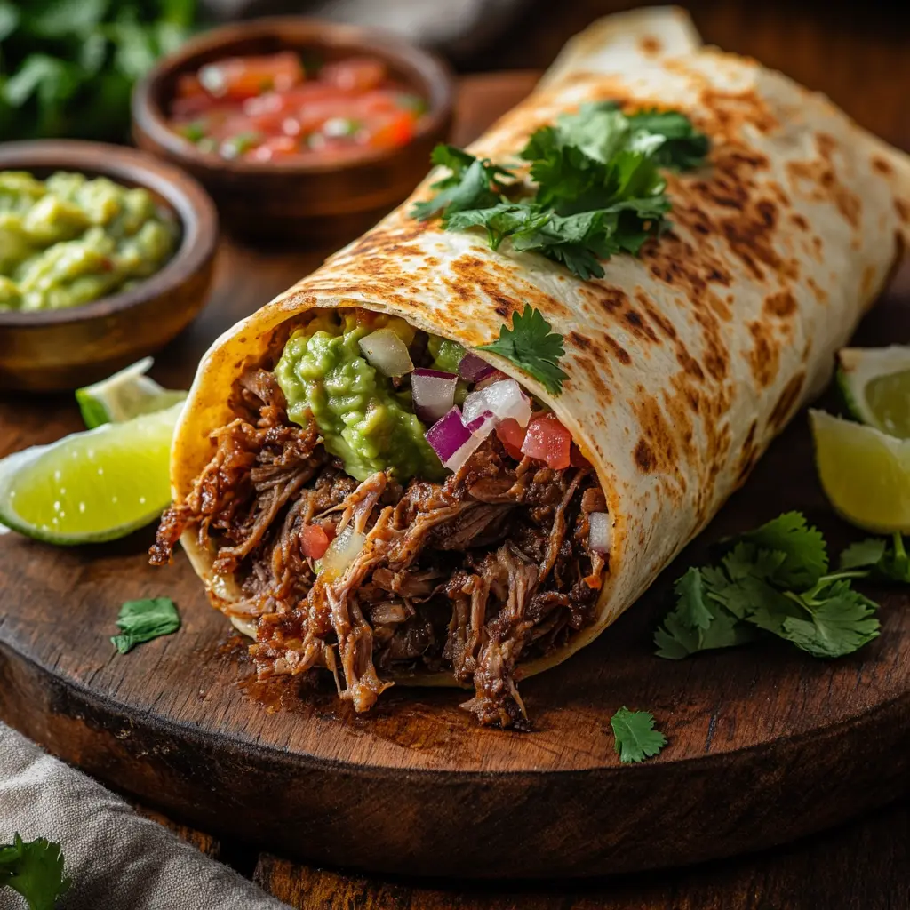 A birria burrito filled with tender shredded beef, fresh vegetables, and melted cheese, served on a red plate with side dips.