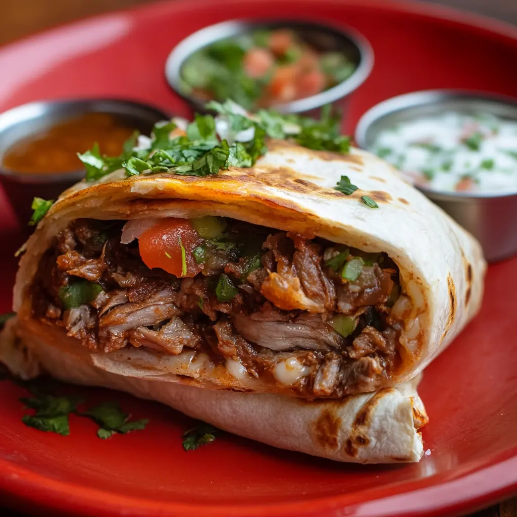 A birria burrito filled with tender shredded beef, fresh vegetables, and melted cheese, served on a red plate with side dips.