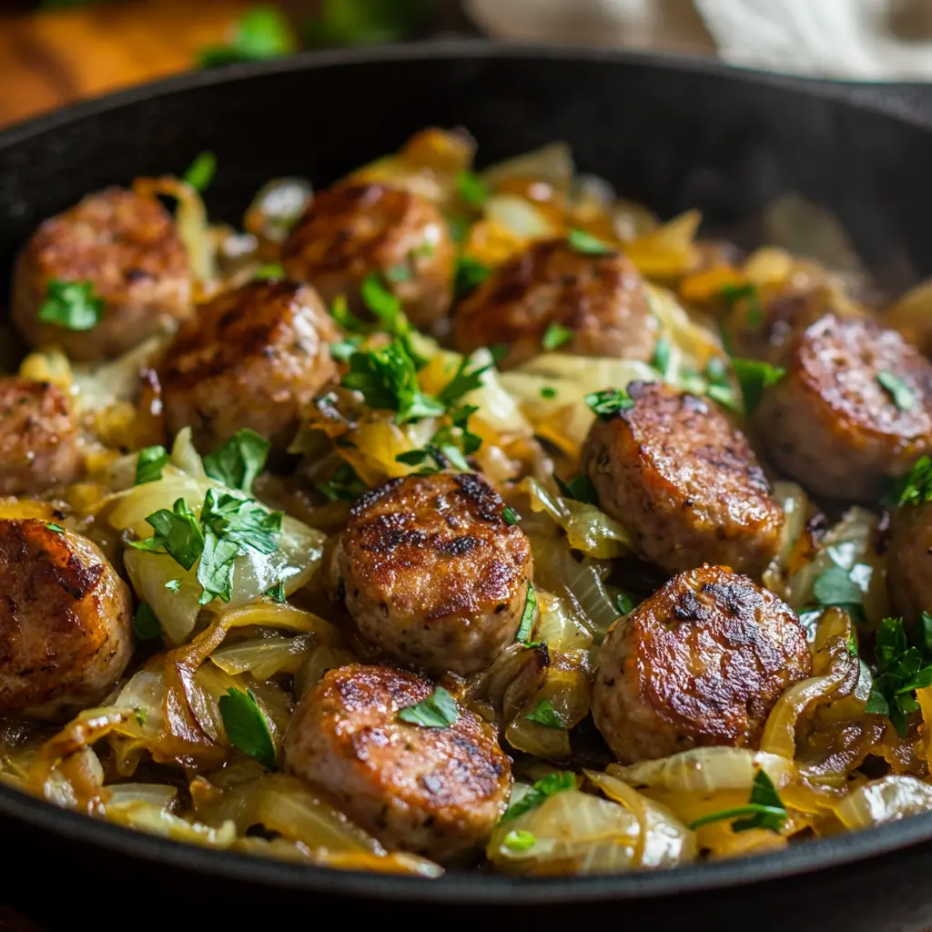 A one-pan dish of cabbage and sausage cooked with onions and garnished with parsley, served in a rustic cast-iron skillet.