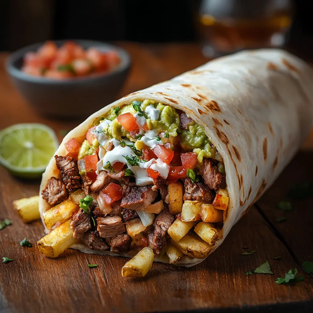 A close-up of a classic Cali burrito, featuring a tightly wrapped flour tortilla filled with carne asada, crispy French fries, cheddar cheese, guacamole, pico de gallo, and sour cream, set on a rustic wooden table with vibrant garnishes like jalapeños, salsa roja, and lime wedges.