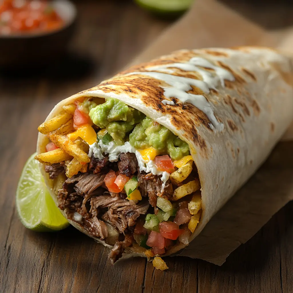 A close-up of a classic Cali burrito, featuring a tightly wrapped flour tortilla filled with carne asada, crispy French fries, cheddar cheese,