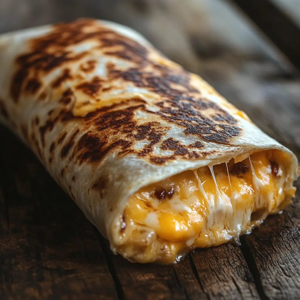 A golden, crispy grilled cheese burrito placed on a wooden table, highlighted by soft, natural reel lighting