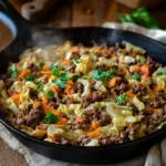 A rustic skillet dish of ground beef and cabbage, garnished with fresh parsley, showcasing vibrant colors and a hearty, steaming texture on a wooden table in a cozy kitchen setting