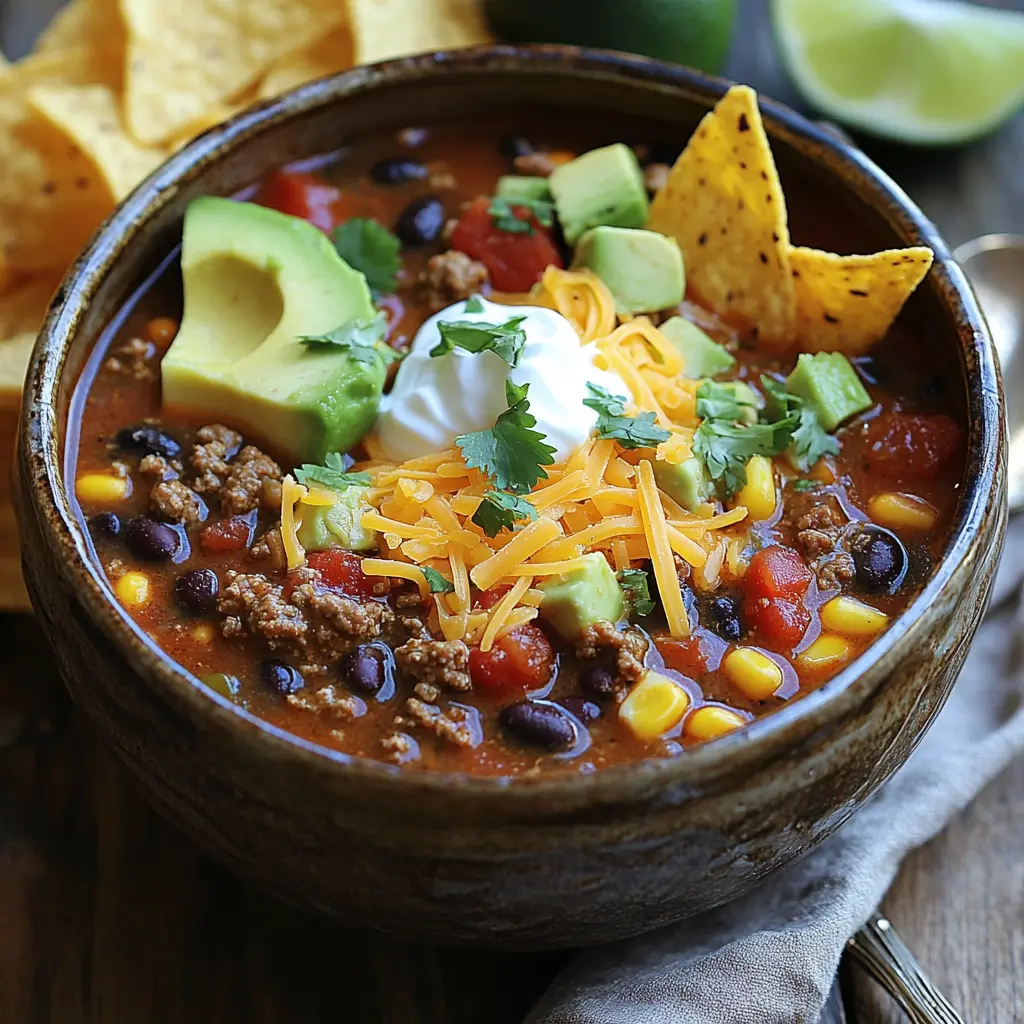 A steaming bowl of taco soup topped with shredded cheese, sour cream, sliced avocado, and cilantro, served with tortilla chips and lime wedges on a wooden table.