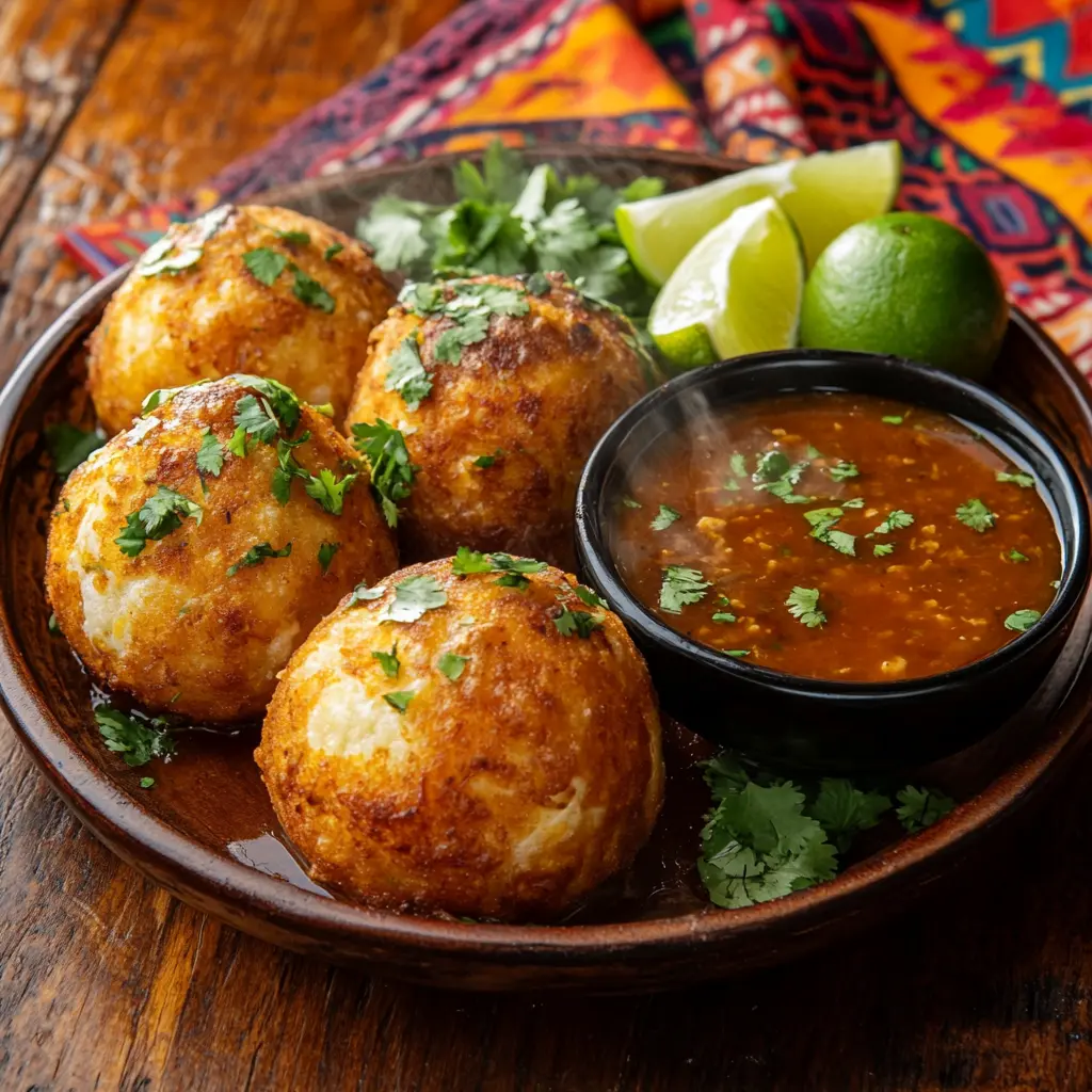 Birria Bombs 3 Golden brown birria bombs served with consomé, garnished with lime wedges, fresh cilantro, and diced onions on a rustic wooden table.