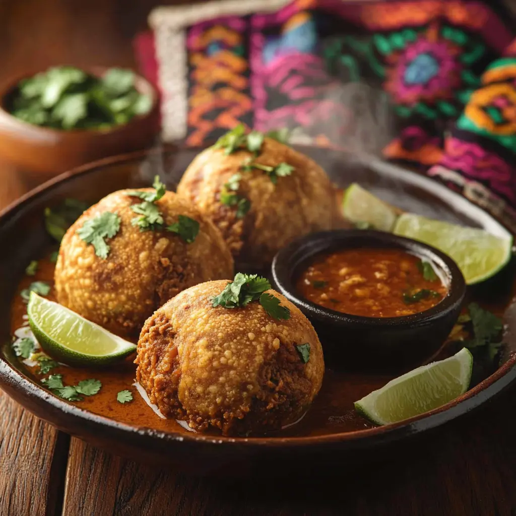 Golden brown birria bombs served with consomé, garnished with lime wedges, fresh cilantro, and diced onions on a rustic wooden table.