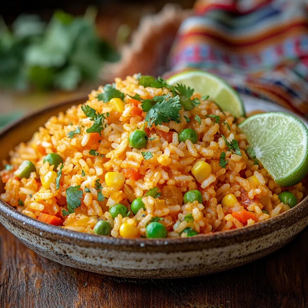 Mexican Rice in a Rice Cooker 3 Authentic Mexican rice served in a rustic ceramic bowl, garnished with fresh cilantro, lime wedges, and colorful vegetables on a wooden table with a traditional Mexican textile in the background.
