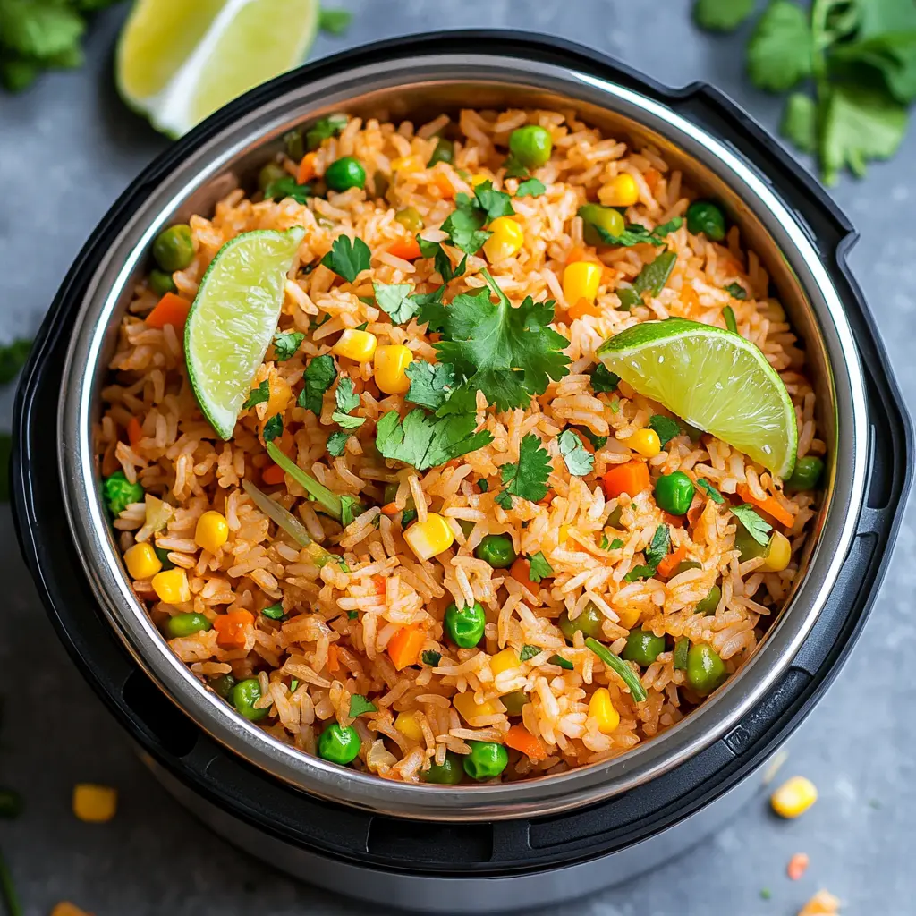 Authentic Mexican Rice in a Rice Cooker served in a rustic ceramic bowl, garnished with fresh cilantro, lime wedges, and colorful vegetables on a wooden table with a traditional Mexican textile in the background.